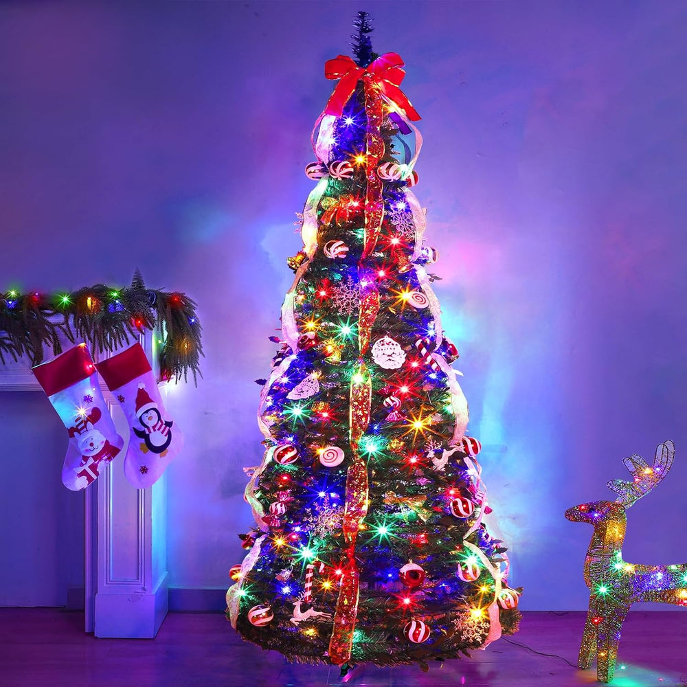 6FT Prelit Pop Up Christmas Tree, Pre-Decorated Collapsible Xmas Tree Decor