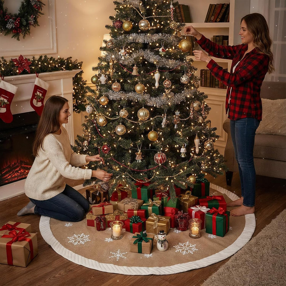 AerWo 60 inch Christmas Tree Skirt with White Snowflake, Large Burlap Tree Skirts with Fur Border, Rustic Farmhouse Tree Skirt for Xmas Tree Decorations Indoor Outdoor Holiday Decor