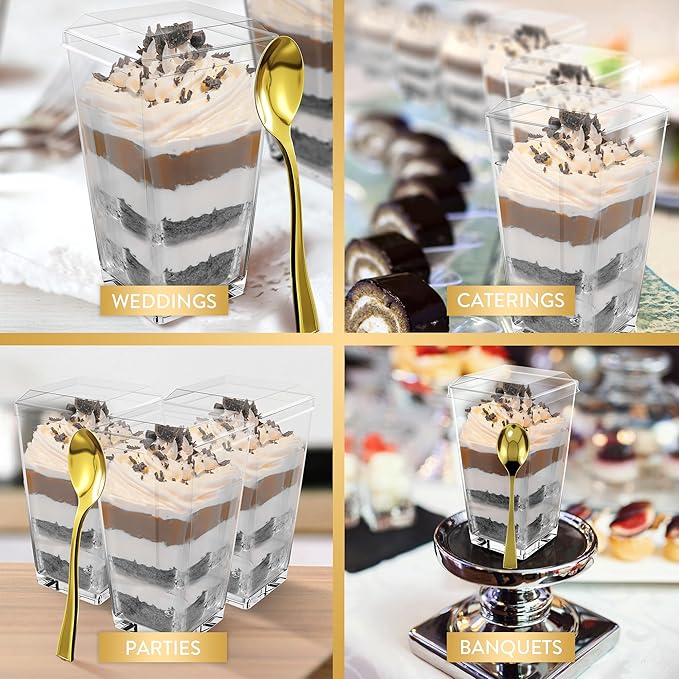 100 Pack 3 oz Mini Dessert Cups with Lids and Spoons (Gold Spoons) - Plastic Shooter Appetizer Parfait Cups with Lids Reusable - BPA Free Catering Supplies for Party - Dessert Serving Bowls
