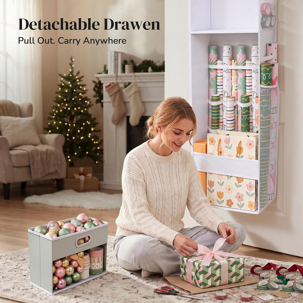 ordovibe wrapping paper storage organizer, over the door showing dimensions