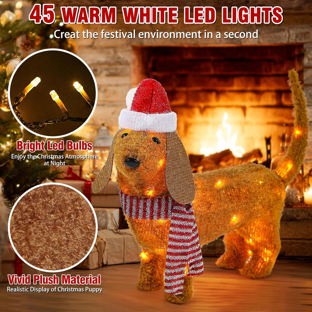 christmas lighted dog outdoor decoration, 2.3 ft pre-lit, close-up detail