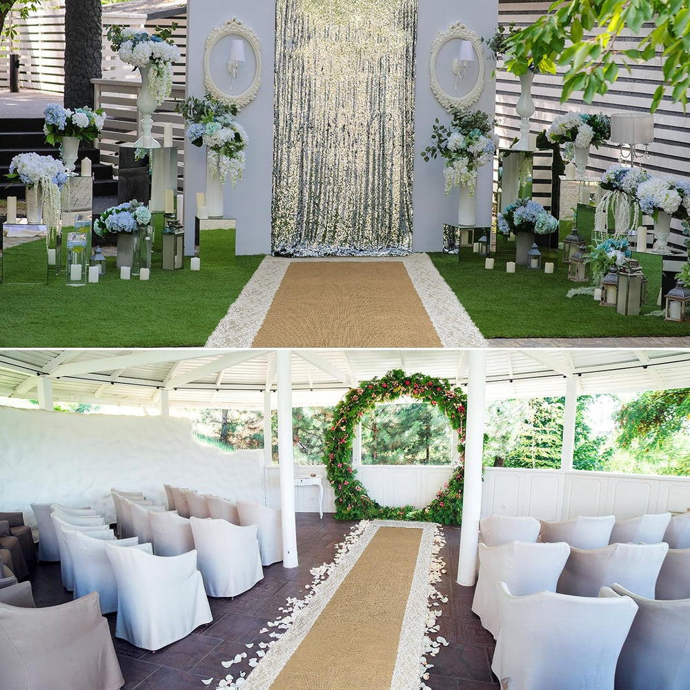 Preboun 3ft X 30 ft Aisle Runner for Wedding Ceremony, Burlap Lace Style