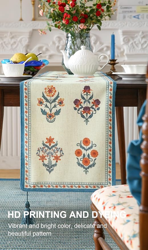 ISAENNE Designer Light Green Linen Table Runner 102 Inches Long,French Floral Patterns Elegant Table Runner for Dining Tables,Thanksgiving,Kitchen Tables,Christmas,12"*102"-Floralsea B