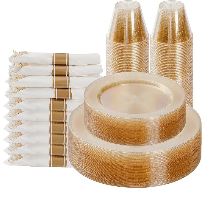Goodluck 175 Piece Gold Glitter Plastic Dinnerware Set for 25 Guests, Fancy Disposable Plates for Party, Include: 25 Dinner Plates, 25 Dessert Plates, 25 Pre Rolled Napkins with Silverware, 25 Cups