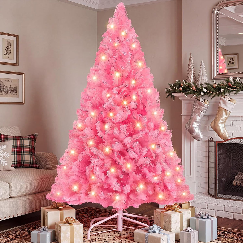 DUMOS 6 Ft Pre-lit Christmas Tree, Pink Artificial Xmas Tree