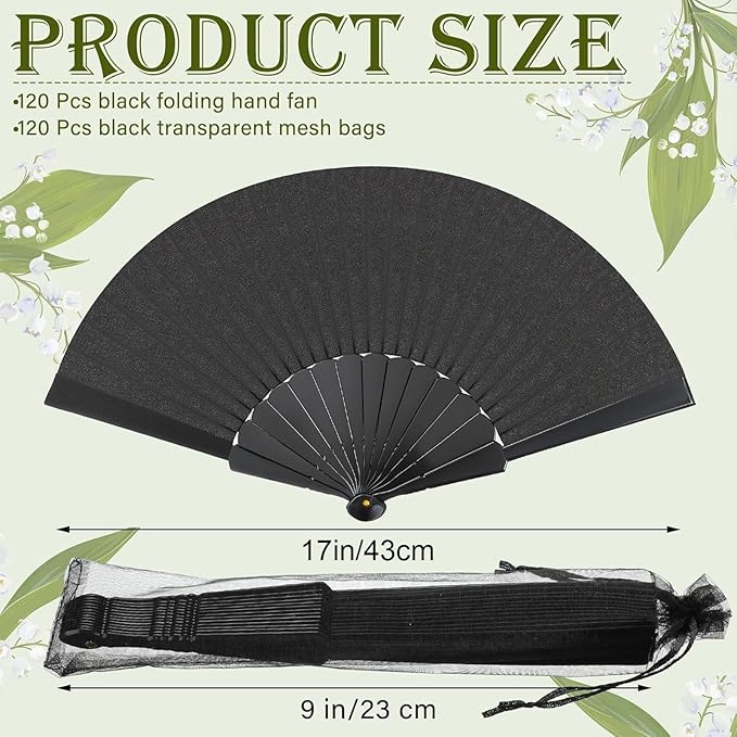 Wenqik 80 Pcs Wedding Folding Hand Fans Bulk Silk Fabric Chinese Handheld Foldable Clack Fans with Plastic Ribs for Party, Wedding Gifts, Line Dancing, Home Decorative (Black,White)