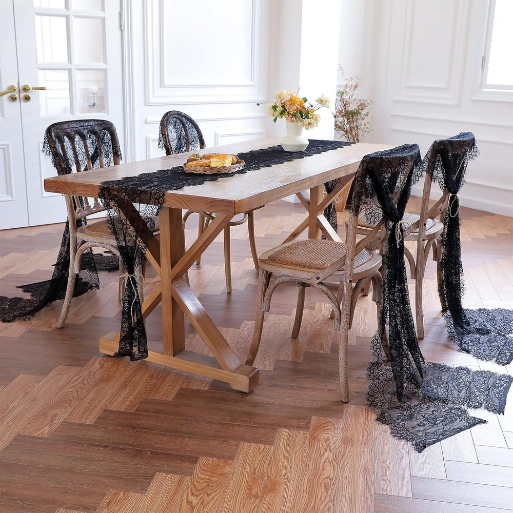 Black Lace Table Runner 14 x 120 Inch Floral Embroidered Fabric Decoration