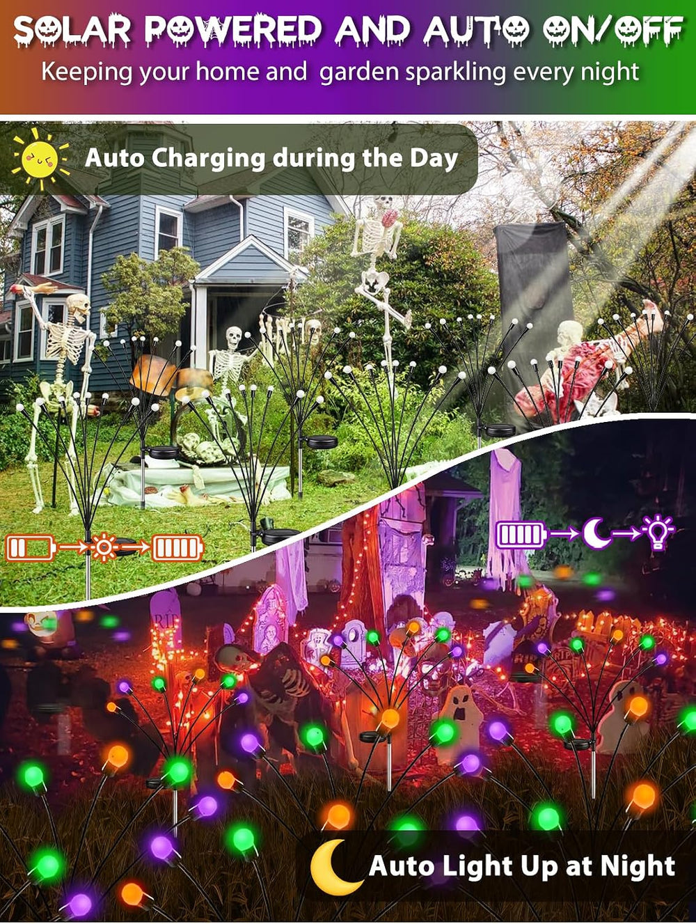 Halloween Solar Lights Outdoor, 6 Pack Firefly Lights Halloween Decorations