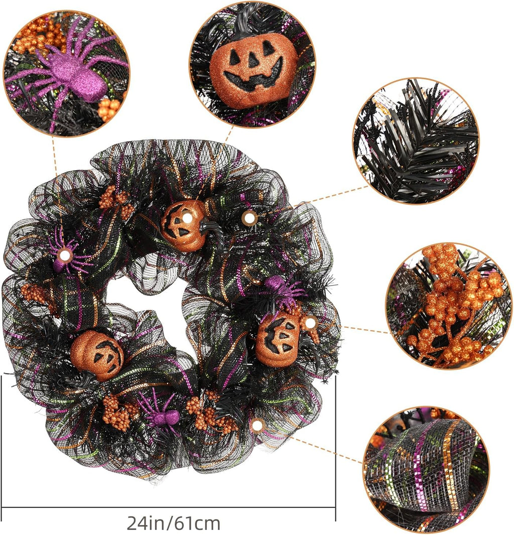 24 inch Wreath, Halloween Wreath for Front Door, Halloween Spider Decor Pumpkin Skull Wreaths, Wall, Window, Garden and Offices Decor. (Black)
