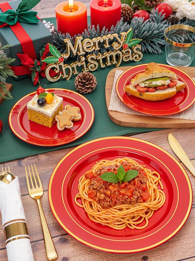 350Pieces Christmas Plates with Gold Plastic Silverware - Red Plastic Plates with Gold Rim Include 50Dinner Plate 10”, 50Dessert Plate 7”, 50 gold Cups 9 OZ, 50 Pre Rolled Napkins for Christmas/Party