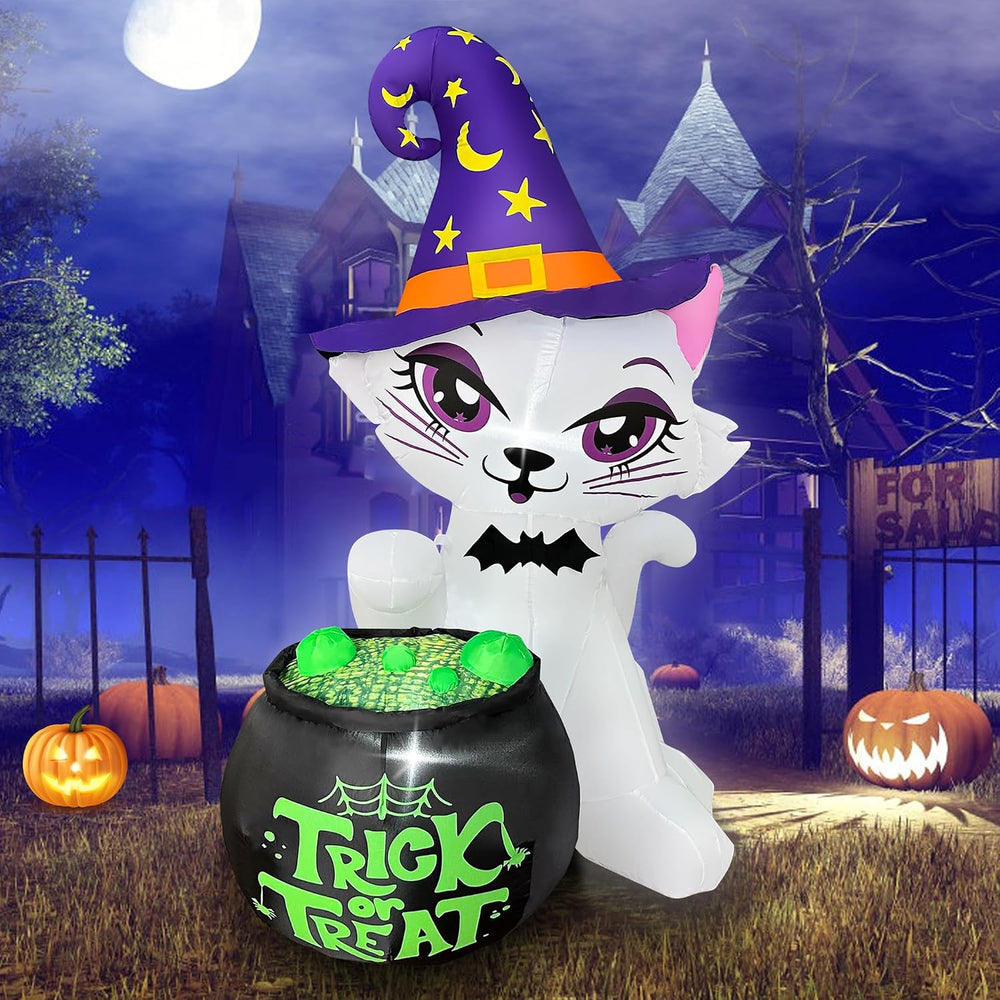 5FT Halloween Inflatable Cat with Witch Cauldron Yard Decor