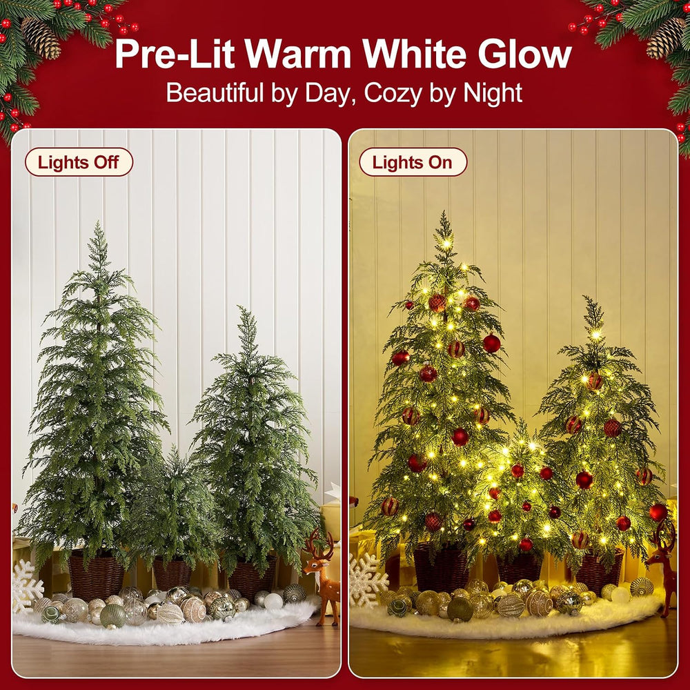 VeriNatural 2ft 3ft 4ft Prelit Twinkle Christmas Trees in Woven Baskets