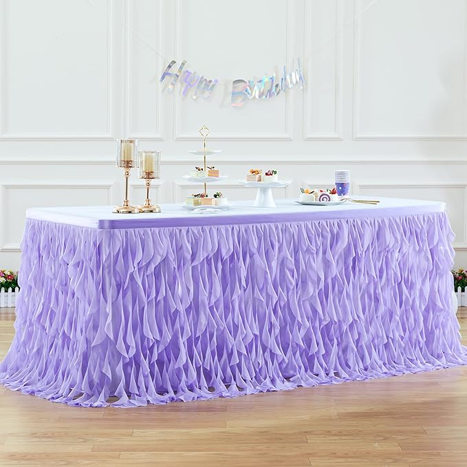 PARTISKY Lavender Purple Tulle Curly Willow Table Skirt for Rectangle Table 6ft, Ruffle Tutu Table Cloth for Girls Boys Baby Shower,Mermaid Birthday Party