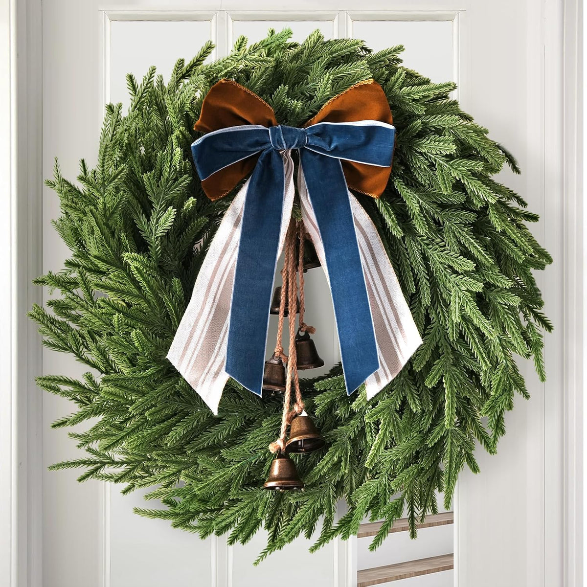 Christmas Decor, 22" Norfolk Pine Christmas Wreath with Bells and Ribbon