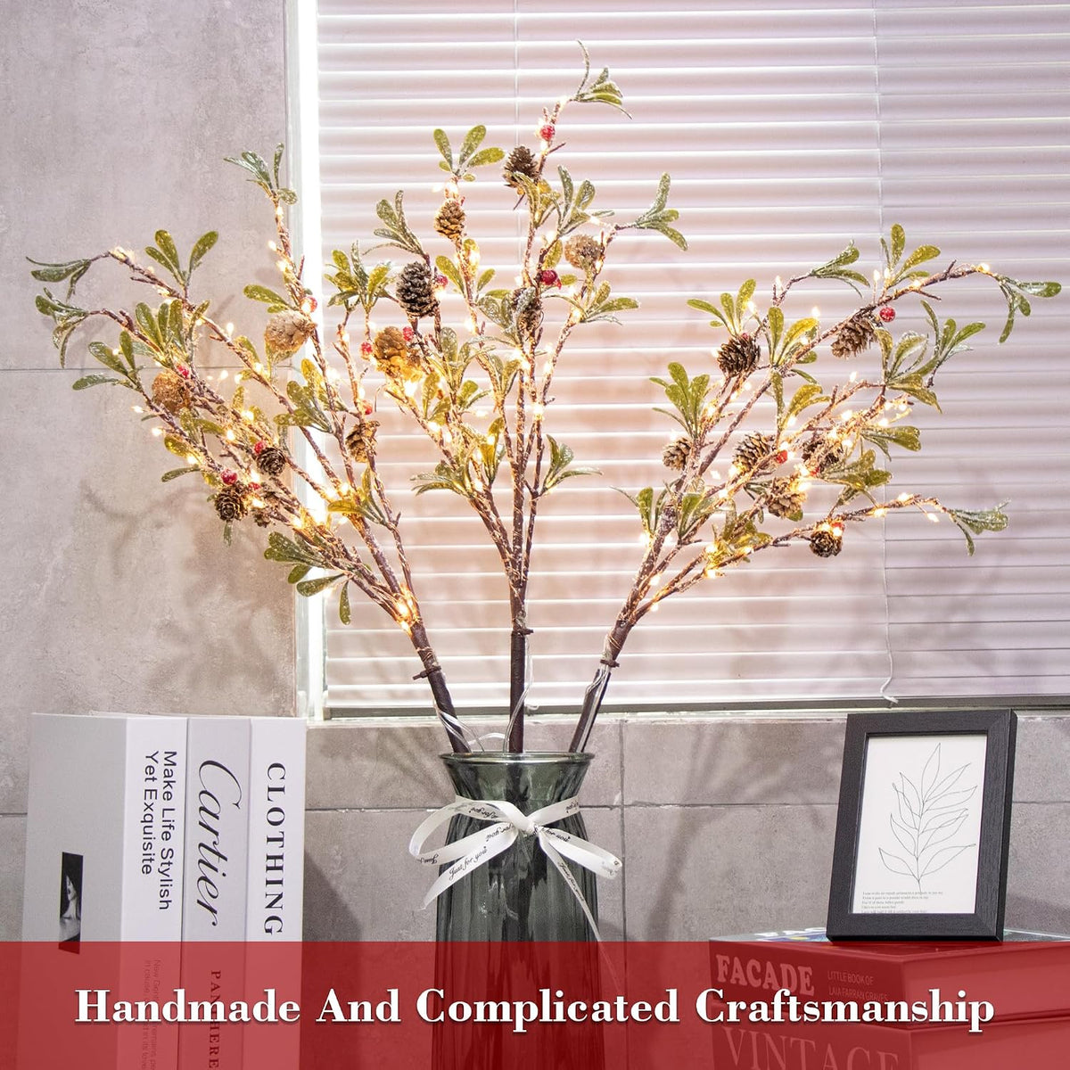 3 PCS Lighted Christmas Evergreen Sprig Branches Tree, Handmade Leaf Design with Snowflake Berries & Pine Cones, 147 Lights in Total, Timer and Battery Operated for Home Vase Indoor Outdoor