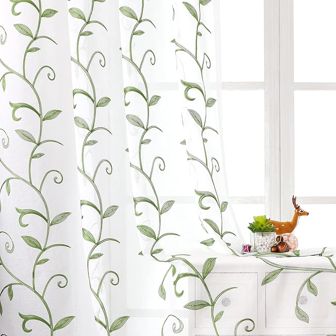 VISIONTEX Embroidered Green Sheer Voile Curtains, Leaves Embroidery Faux Linen Rod Pocket Window Drapes for Living Room and Girls Bedroom 54 x 63 Inch, Set of 2 Curtain Panels