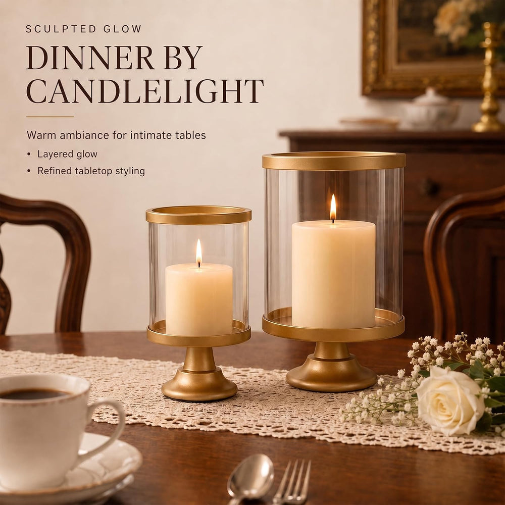 Gold Hurricane Candle Holder Set of 2 with Glass Cylinder for Pillar Candle