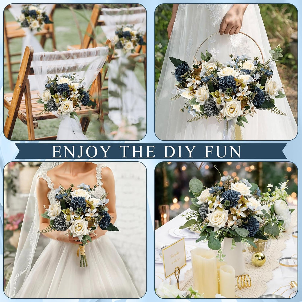 Blue White Peonies Artificial Flowers 12 Bundles Silk Mum Roses