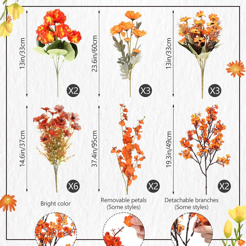 44 Bunches Artificial Fall Flowers Orange Fake Plants for Outdoor