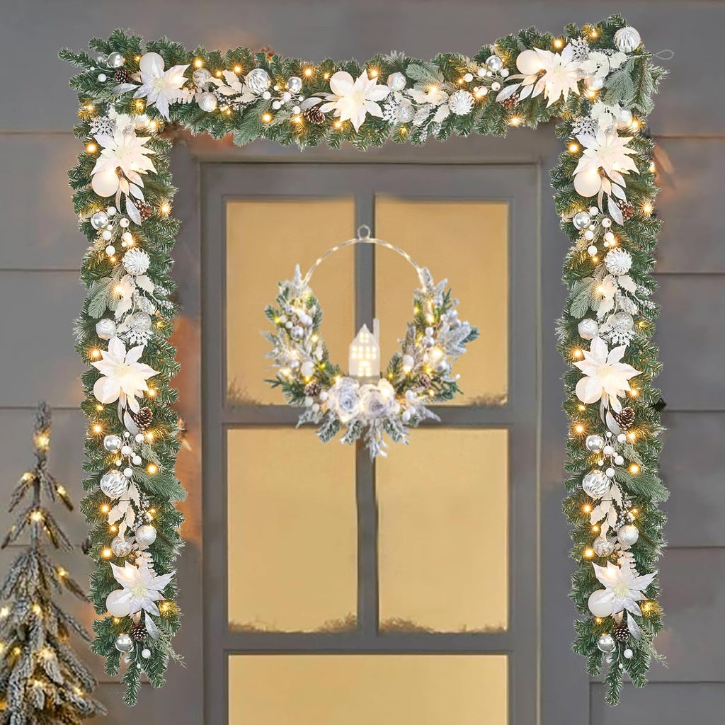 Lighted Christmas Garland for Mantle,Fireplace,Stairs, Garland for Front Door Pre-lit 6 feet Winter White Silver Poinsettia Garland with 25 LED Lights,Timer & Battery Operated.in/Out Door Decor