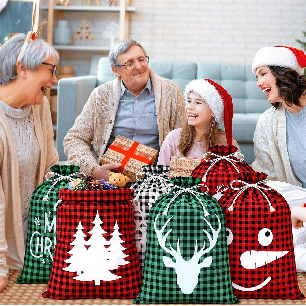 Windyun 16 Pcs Christmas Drawstring Bag Santa Sack Bag Buffalo Plaid 12x16