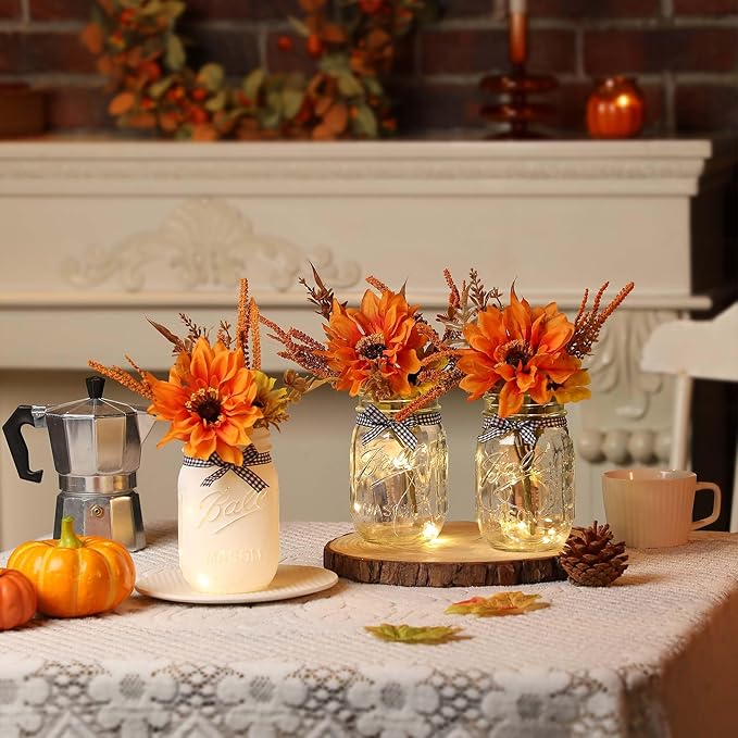 Thanksgiving Mason Jar Centerpiece for Table with LED Lights & Artificial Flowers, Set of 3 Mason Jars Farmhouse Painted Decorative Jars for Fall Home Decor, Kitchen Table Centerpiece