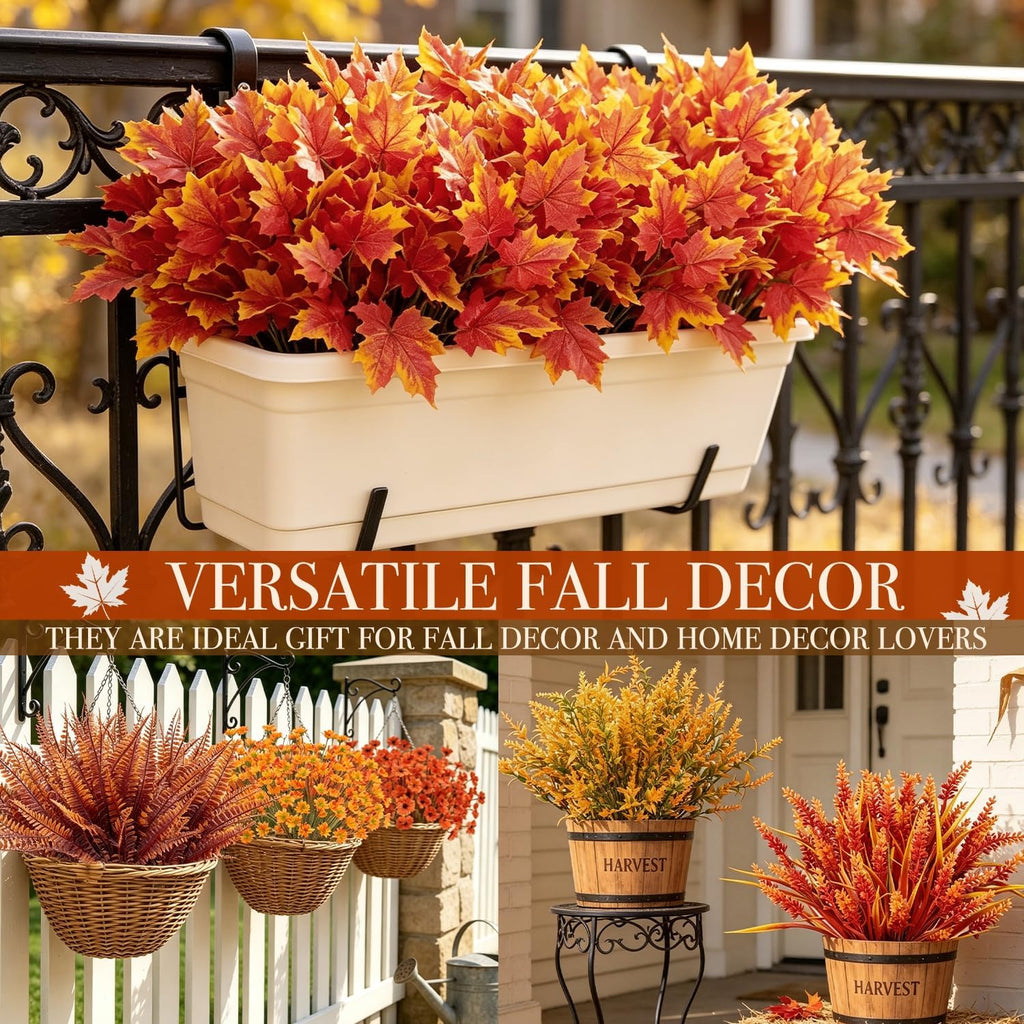 24 Bundles 6 Styles Artificial Fall Flowers Plants for Outdoors Fall Decor, Fake Faux Flower Autumn UV Resistant Orange Mums Maple Leaves Wheat Boston Fern Lavender for Thanksgiving Outside Porch Home