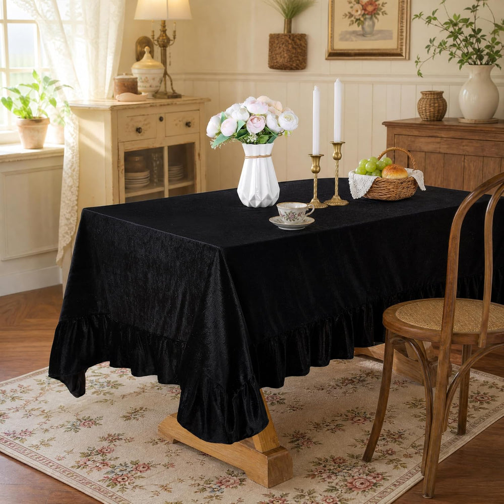 Black Velvet Tablecloth 60x120 Inch Solid Retro Ruffle Table Cloth