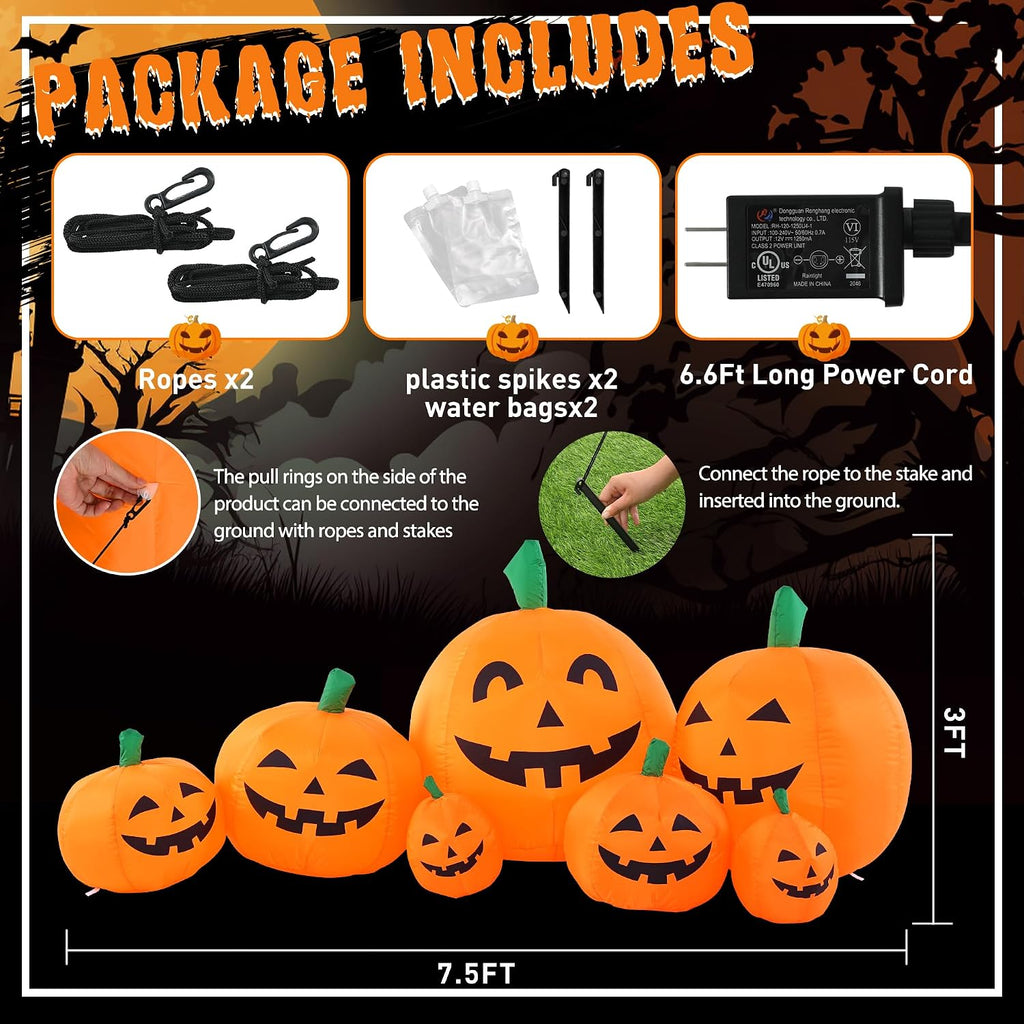 gigalumi 7.5ft halloween inflatable outdoor decoration pumpkin(cold white) showing dimensions