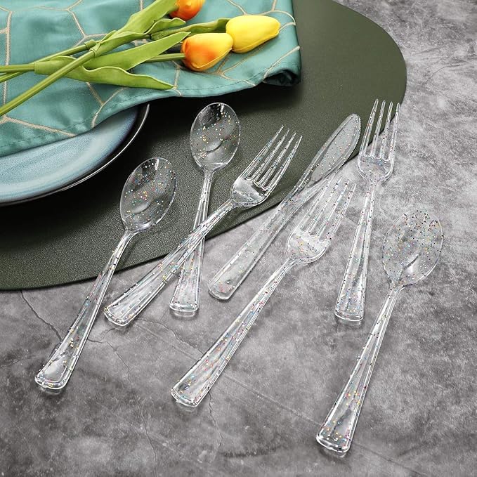 Supernal 360pcs Clear Plastic Silverware, Glitter Disposable Cutlery with Colorful Design,120 Forks,120 Knives,120 Spoons,Perfect for Parties Birthday