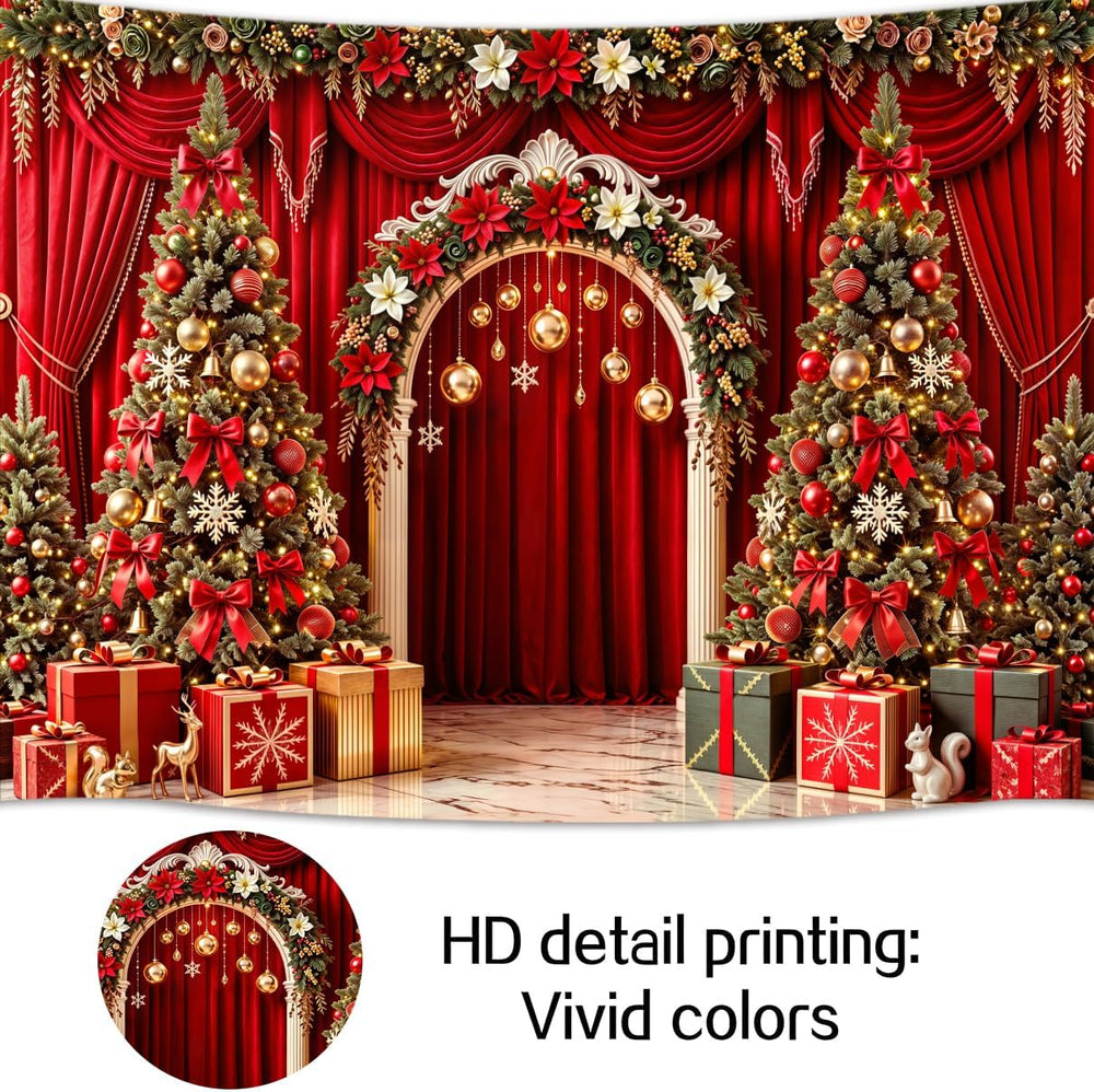 Christmas Backdrop Red Curtain Arch Xmas Tree Photo Background