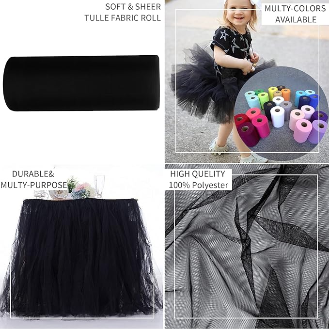 IONTACH Black Tulle Fabric Rolls 54 Inch by 40 Yards Fabric Tulle Bolt for Wedding Halloween Decorations DIY Black Tutu Baby Shower Table Skirt Ceiling Decor Birthday Party Craft Supplies