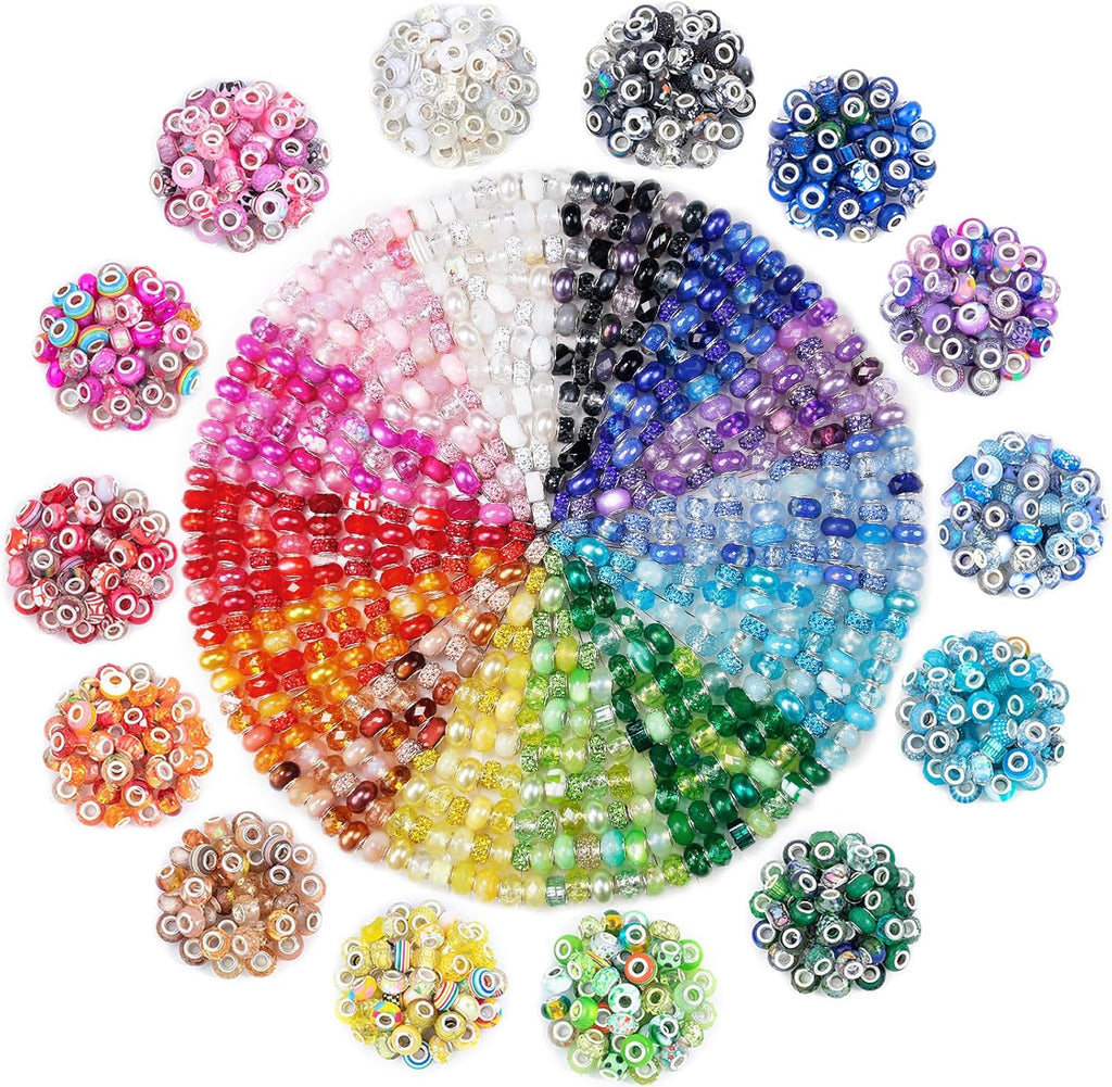 500 Pcs European Craft Beads Large Hole Spacer Beads, Assorted European Craft Bead White Rhinestone Lampwork Beads Large Hole Spacer Bead for DIY Charms Bracelet Necklace Jewelry Making Supplies