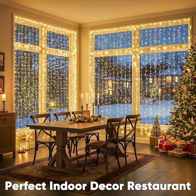 suddus 600 LED Christmas String Lights Outdoor, 9.8x19.6ft Curtain Light Plug in with Remote, 8 Modes Wall Hanging Lights for Christmas,Dorm,Wall,Window,Wedding,Party,Birthday Decor,Warm White