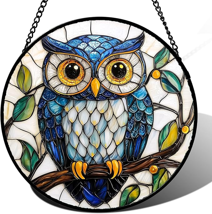 Stained Glass Window Hanging, Owl Gifts for Women Sun Catchers Diamond Glass Panel Hangings Birds Suncatcher Decor for Birthday for Women, Men, Wife, Aunt, and Mom 14.9x14.9 in