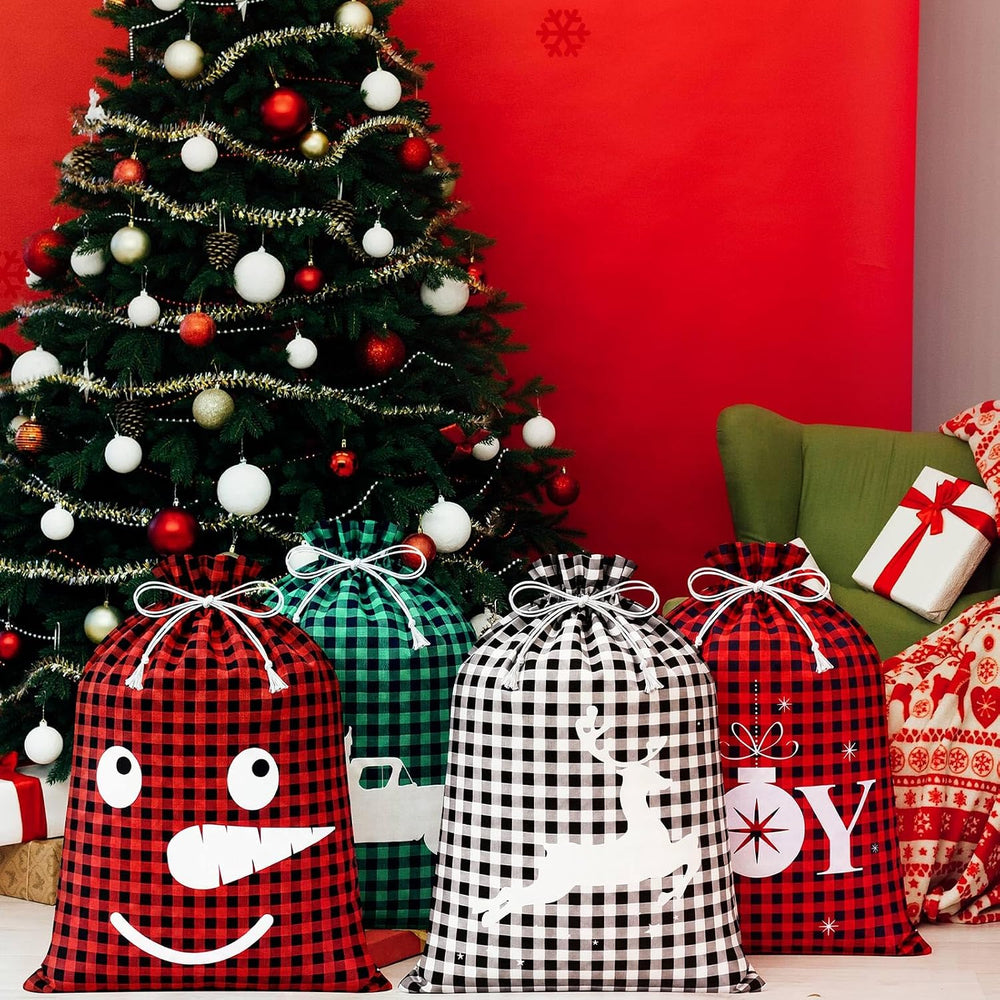 Windyun 16 Pcs Christmas Drawstring Bag Santa Sack Bag Buffalo Plaid 12x16