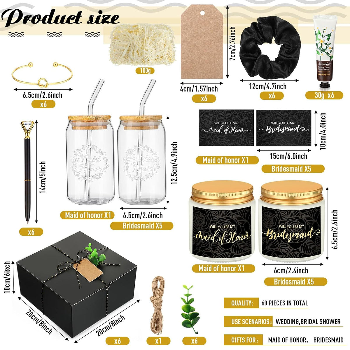 Teenyyou 60 Pcs Bridesmaid Proposal Gift Set with Box, Black