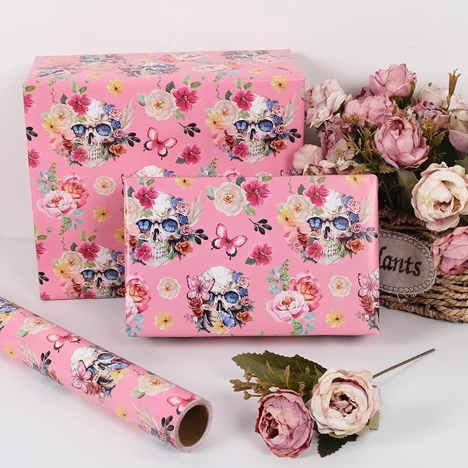 Aimyoo Gothic Wrapping Paper Roll, 17 Inch X 33 Feet Skull Floral Butterfly Design Gift Wrap Paper for Mother's Day, Birthday Bridal Shower