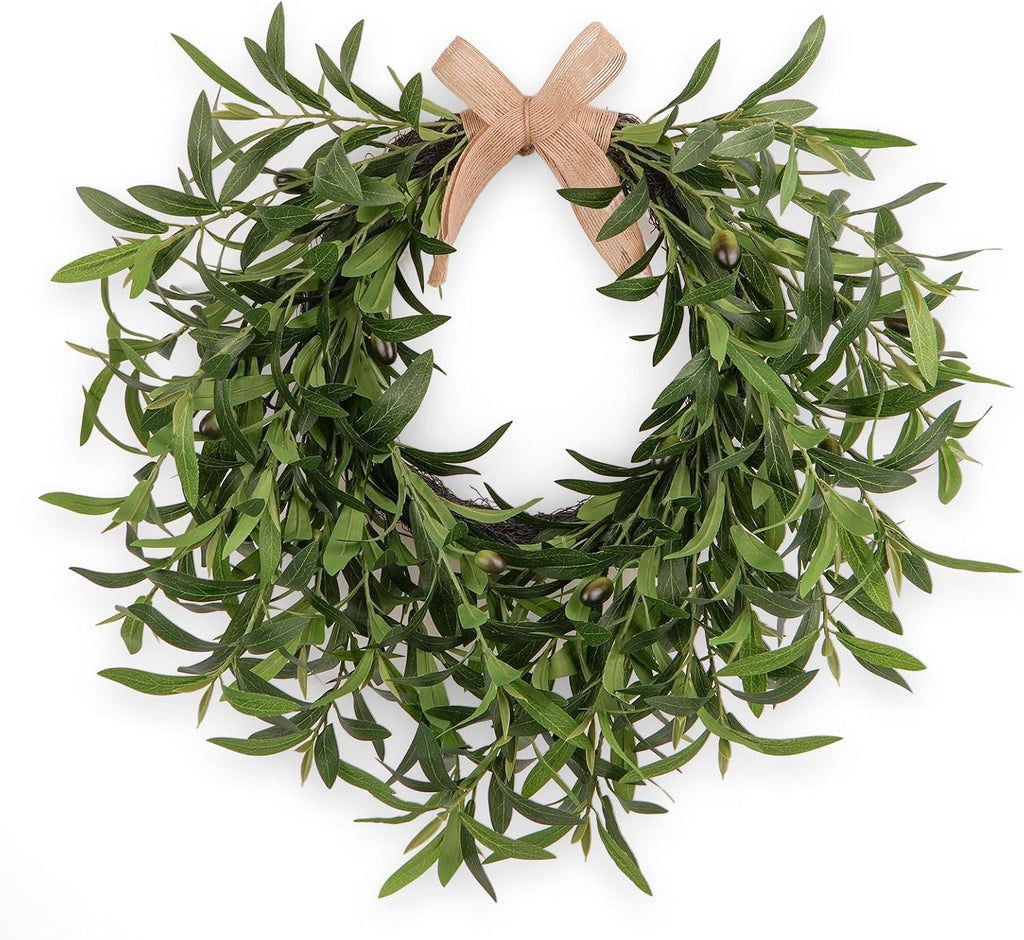 Artificial Olive Wreath for Front Door - 22 Inch Faux Greenery Wreath with Burlap Bow & Olives - Modern Farmhouse Wall Decor, Year Round Spring Summer Wreath for Indoor Outdoor Wedding Entryway