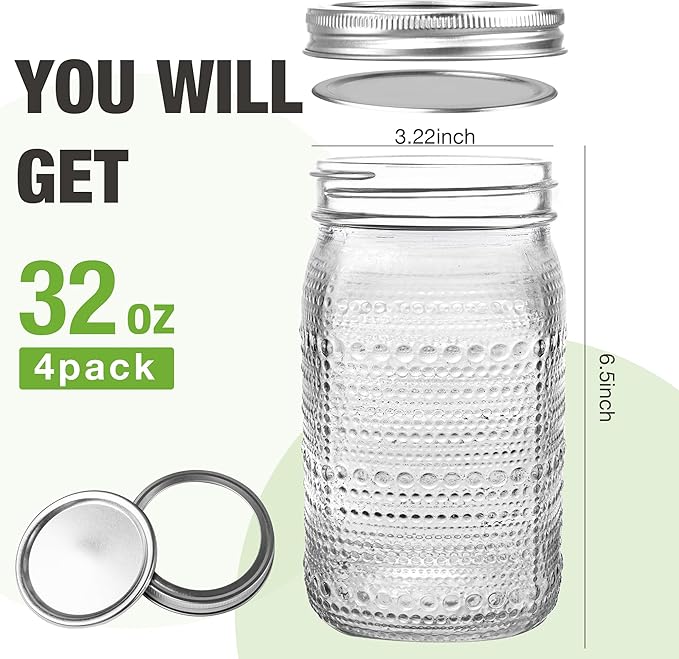 Mason Jars 32 Oz with Lids Wide Mouth 4 Pack, Glass Jars Canning Jars Large for Centerpieces Pickling Storage Food Meal Prep Salad Jam