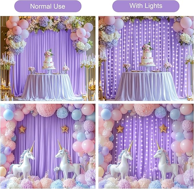 Lavender Backdrop Curtains with Lights for Parties,10x10FT Wrinkle Free Polyester Wedding Photo Backdrop Curtains for Baby Shower Birthday Ceremony Reception Home Party Decorations-5ft x 10ft,2 Panels