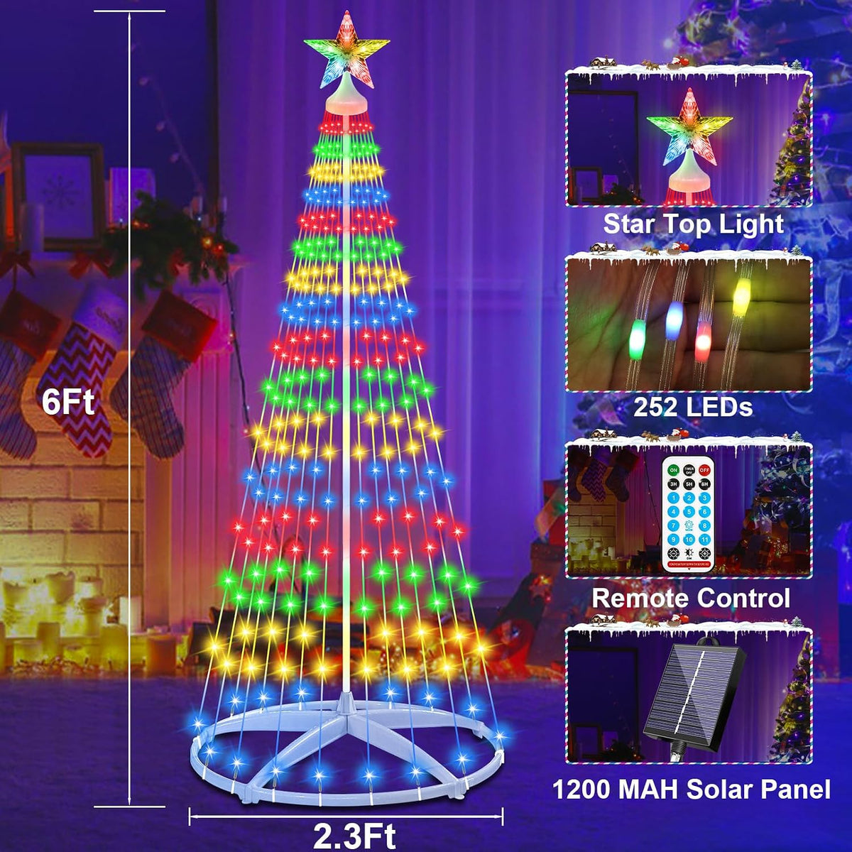 6ft solar powered christmas cone tree lights with, close-up detail
