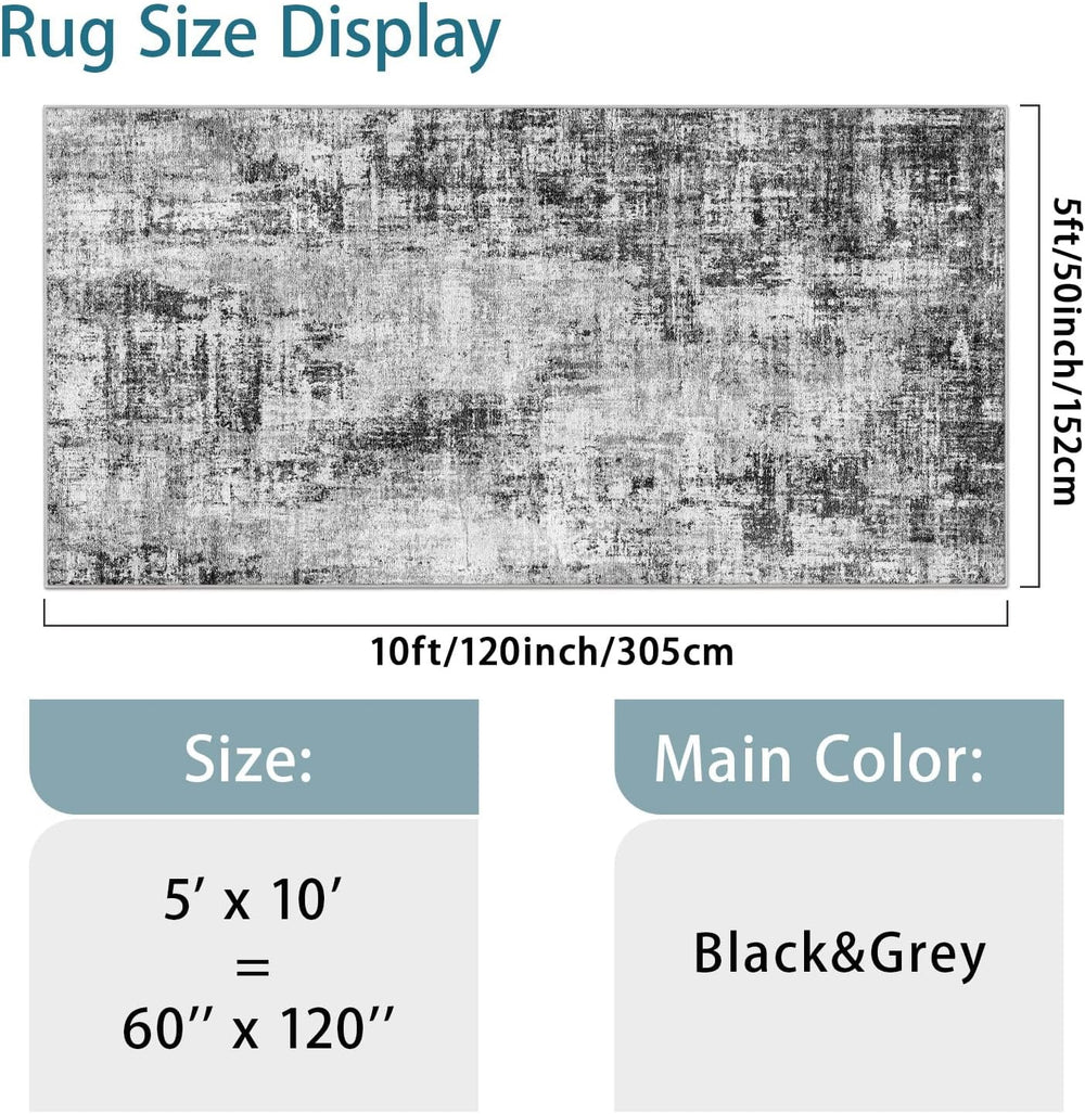 5x10 Rug for Living Room: Non-Slip Washable Hallway Runner Rug Black