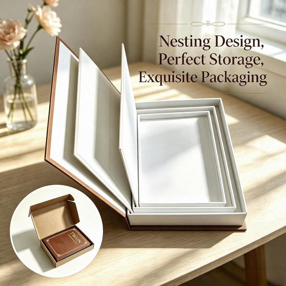3Pcs Linen Faux Hollow Book Boxes,Home Decor Storage Gift,Brown-Beige-White