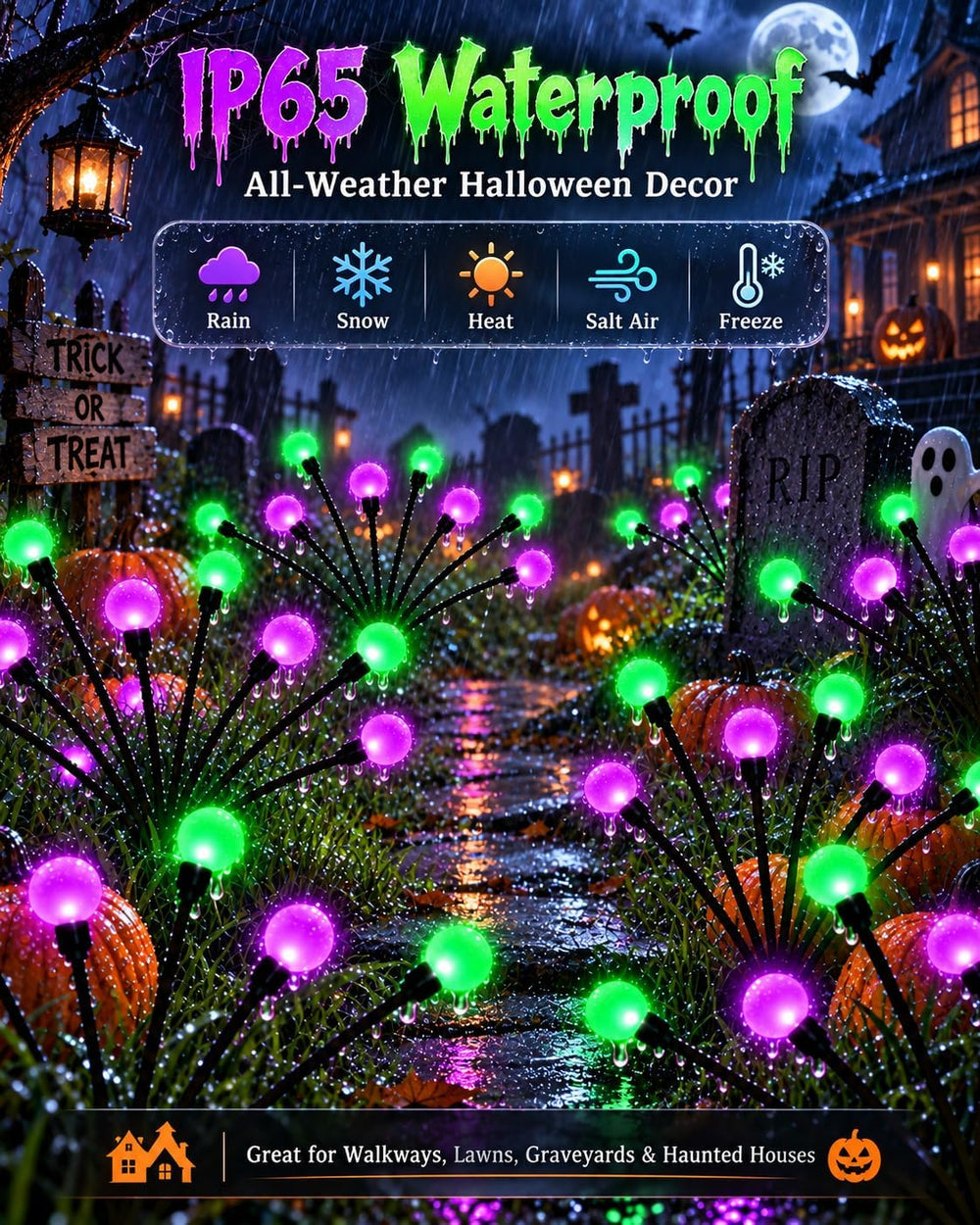 OZS 6Pack 48LED Solar Firefly Halloween Lights Outdoor for Party Decor