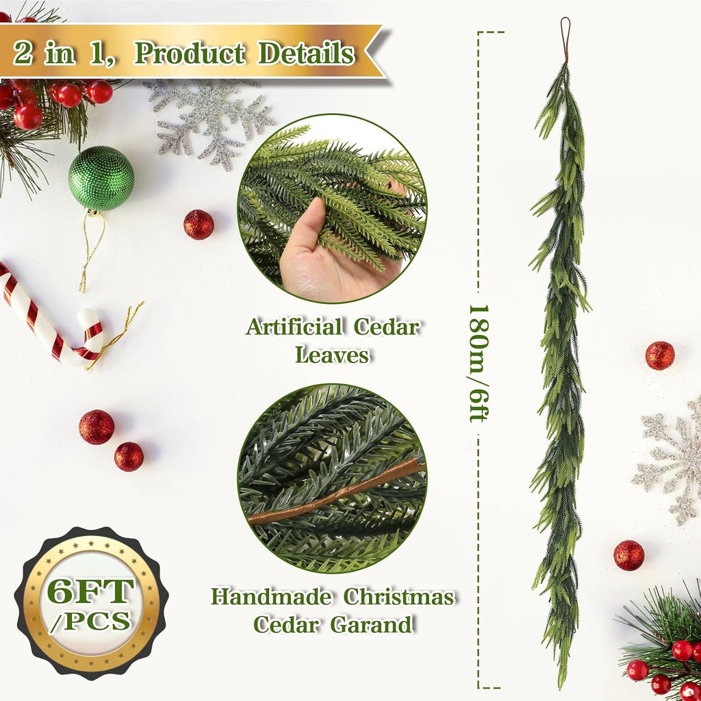 Artificial Norfolk Pine Garlands, Set of 2 – 6ft Lifelike PVC Chirstmas Garlands for Indoor & Outdoor Holiday Decor 30 Branches