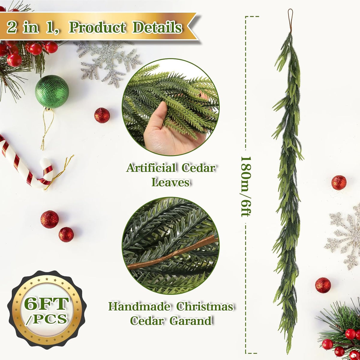 Artificial Norfolk Pine Garlands, Set of 2 – 6ft Lifelike PVC Chirstmas Garlands for Indoor & Outdoor Holiday Decor 30 Branches