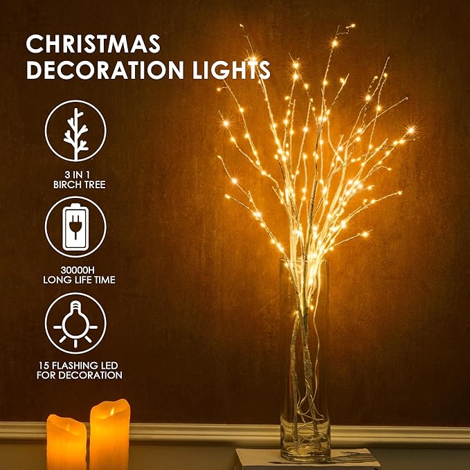 Bexdir Lighted Birch White Tree Branches 33IN 180LED with Timer Plug in, Artificial Tree White Birch Twig for Christmas Home Decor Party Wedding Bedroom