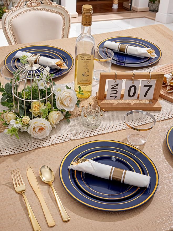 350PCS Blue and Gold Plastic Plates - Navy Blue Plastic Plates with Rolled Napkins - Include 25 Dinner Plate 10’’, 25 Dessert Plate 7’’, 25 gold Cups 9 OZ, 25 Pre Rolled Napkins for Party/Wedding
