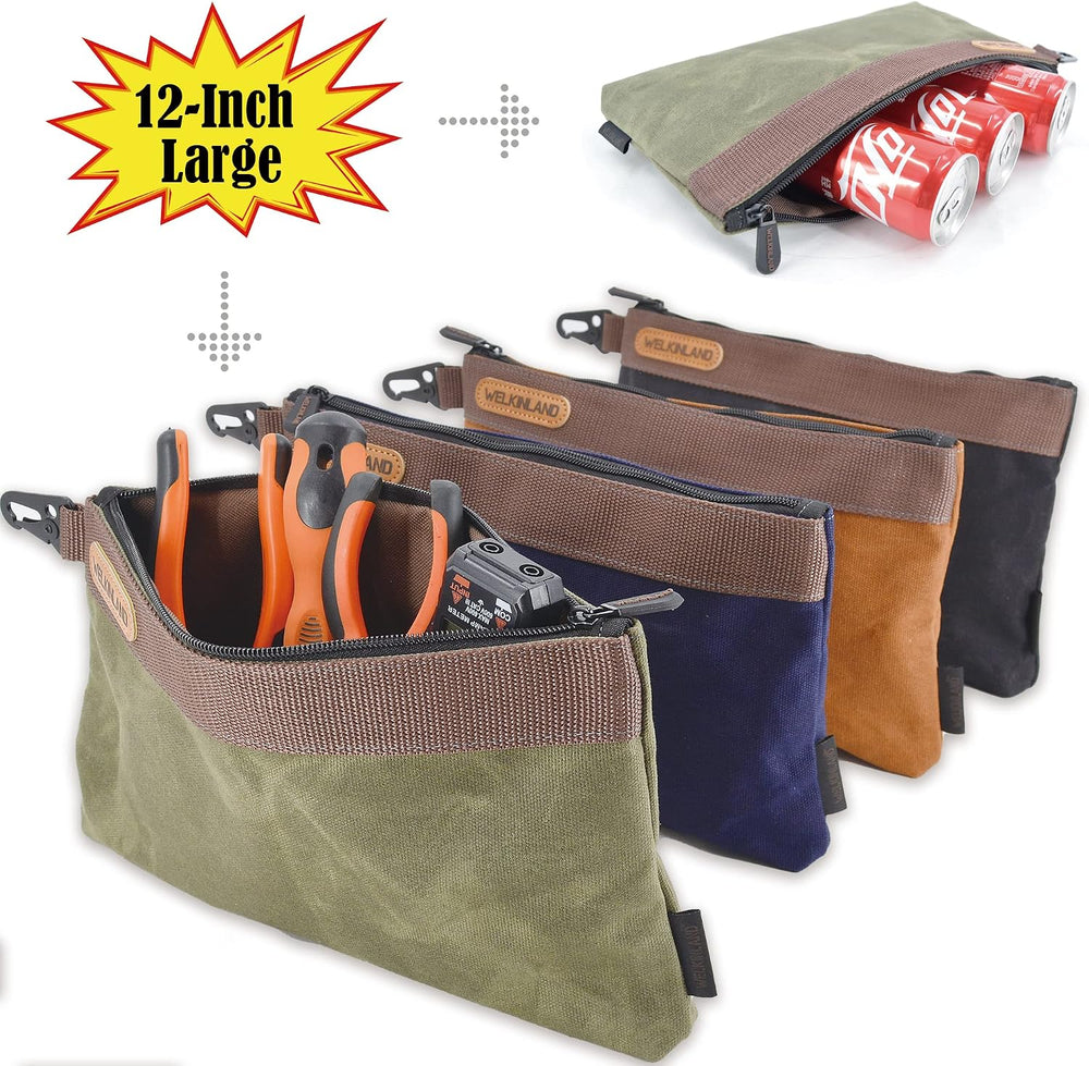 WELKINLAND Heavy-Duty Canvas Tool Pouch, 4PCS 12-Inch Zippered Tool Pouch